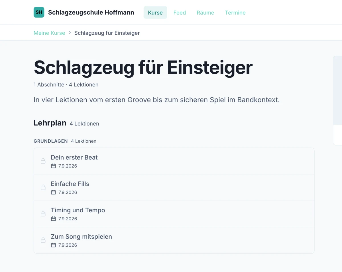 Kursansicht für Teilnehmer mit Kurstitel, Lehrplan und den einzelnen Lektionen
