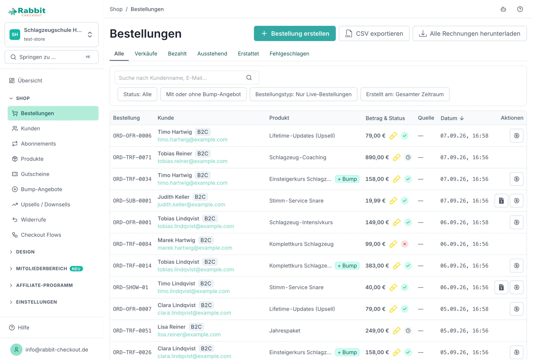 Bestellliste mit Kunde, Produkt, Betrag, Zahlungsstatus und Datum, dazu CSV-Export und Sammel-Download aller Rechnungen